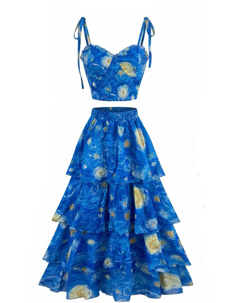 Blue 1950s Print Starry Skirt Set 2