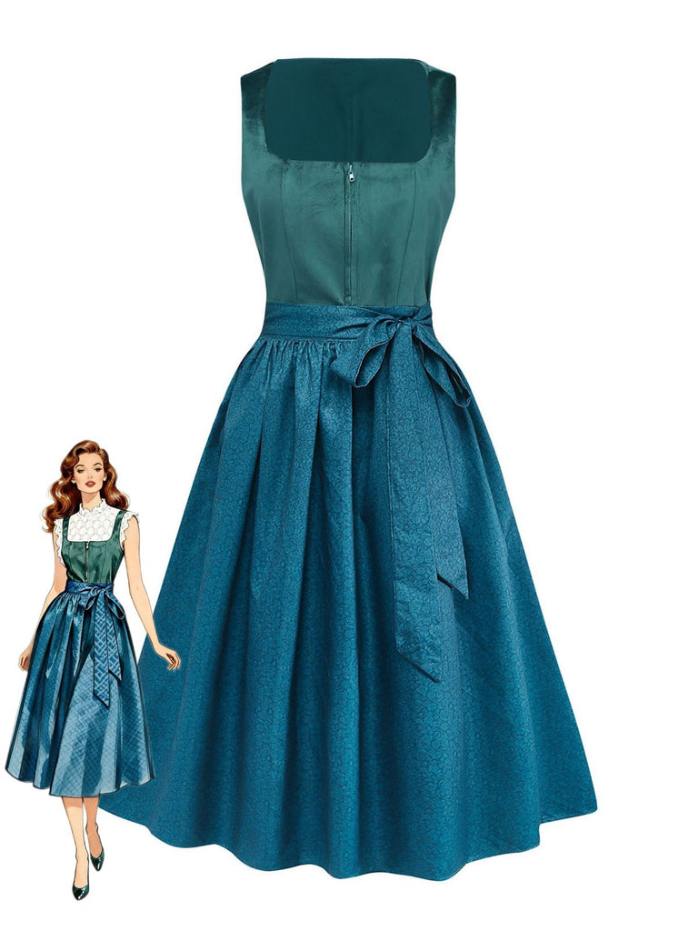 2PCS Teal 1950s Square Neck Velvet Dress & Floral Apron, vintage dress, retro fashion, rockabilly, pin-up fashion - perfect for women who love vintage and retro fashion