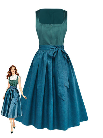 2PCS Teal 1950s Square Neck Velvet Dress & Floral Apron, vintage dress, retro fashion, rockabilly, pin-up fashion - perfect for women who love vintage and retro fashion