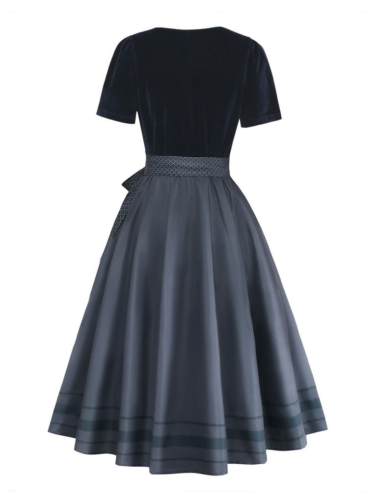 2PCS Blue 1950s Square Neck Velvet Dress & Polka Dot Apron, vintage dress, retro fashion, rockabilly, pin-up fashion - vintage inspired fashion