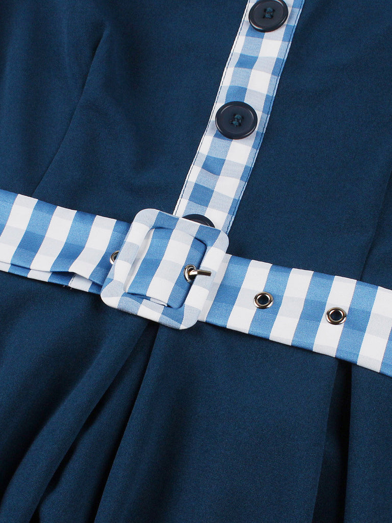 Dark Peacock Blue 1950s Plaid Patchwork Dress 5