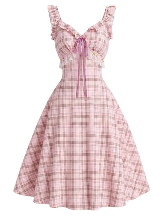 Pink 1950s Plaid Rosette Bow Ruffle Sleeve Dress