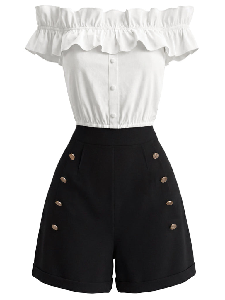 2PCS 1950s Button Off-Shoulder Ruffle Crop Top & Shorts, vintage top, retro blouse, rockabilly, pin-up fashion - vintage inspired fashion