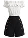 2PCS 1950s Button Off-Shoulder Ruffle Crop Top & Shorts, vintage top, retro blouse, rockabilly, pin-up fashion - vintage inspired fashion
