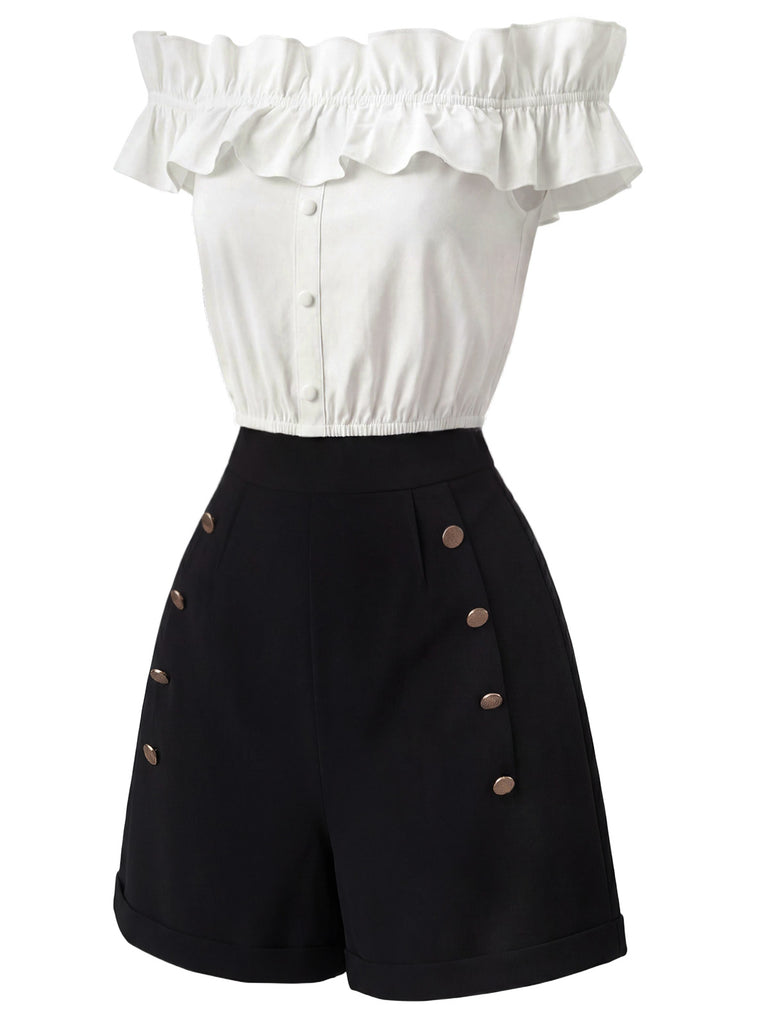 2PCS 1950s Button Off-Shoulder Ruffle Crop Top & Shorts, vintage top, retro blouse, rockabilly, pin-up fashion - vintage inspired fashion