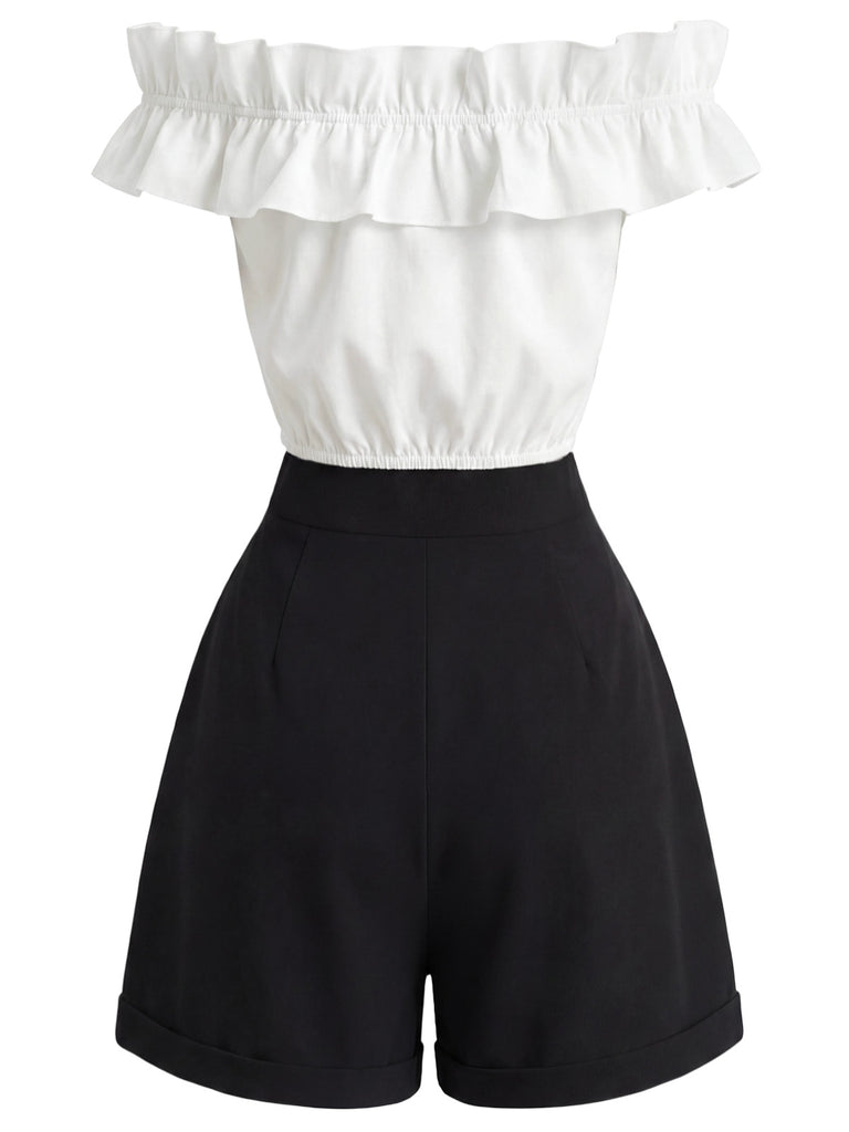 2PCS 1950s Button Off-Shoulder Ruffle Crop Top & Shorts, vintage top, retro blouse, rockabilly, pin-up fashion - vintage inspired fashion