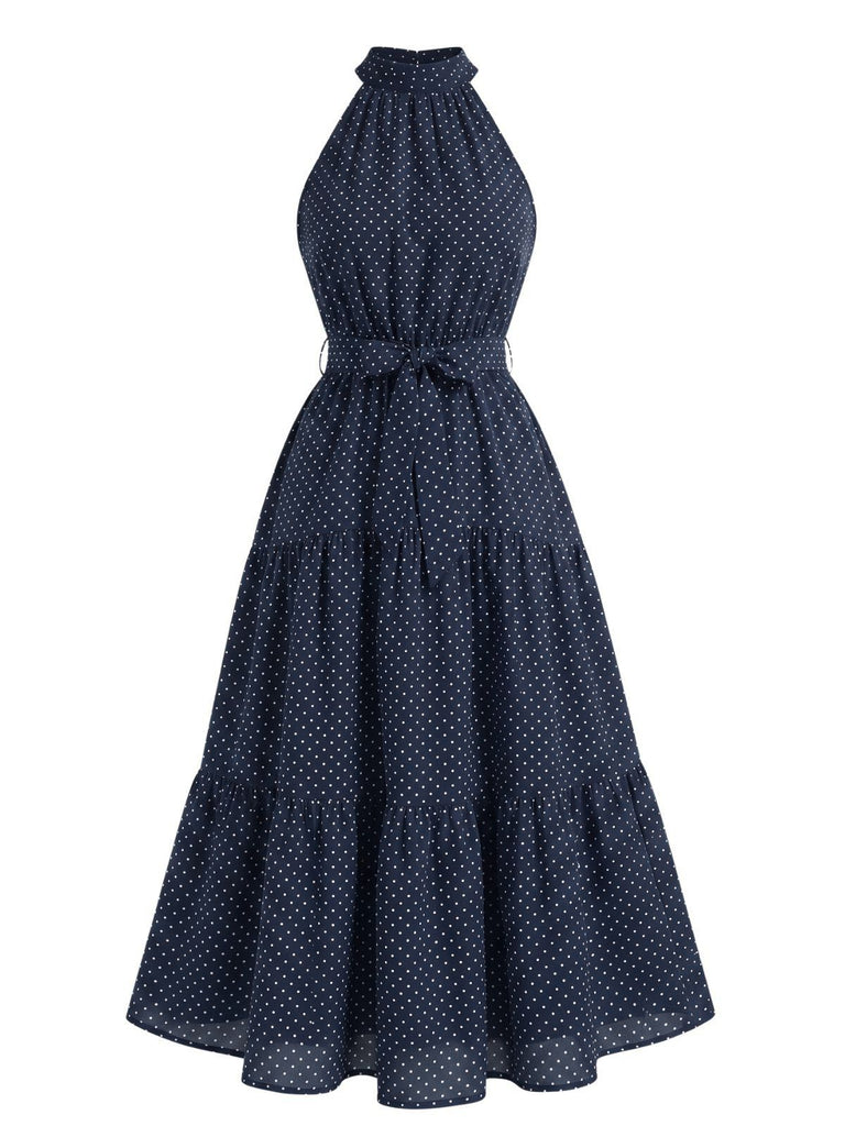 1930s Polka Dot Halter Bow Waist Swing Midi Dress