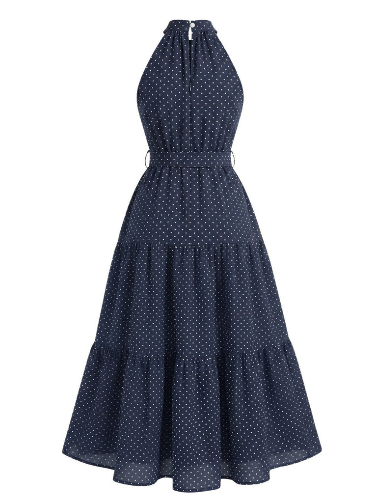 1930s Polka Dot Halter Bow Waist Swing Midi Dress