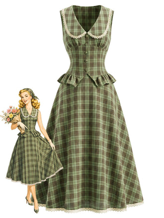 2PCS Lake Green 1940s Plaid Peter Pan Collar Ruffled Skirt Set, vintage skirt, retro style - vintage inspired fashion