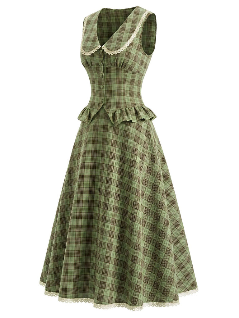 2PCS Lake Green 1940s Plaid Peter Pan Collar Ruffled Skirt Set, vintage skirt, retro style - vintage inspired fashion
