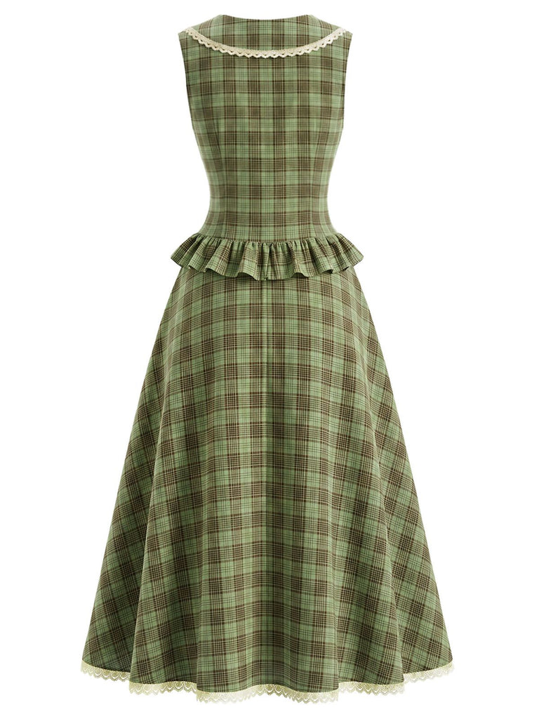 2PCS Lake Green 1940s Plaid Peter Pan Collar Ruffled Skirt Set, vintage skirt, retro style - vintage inspired fashion