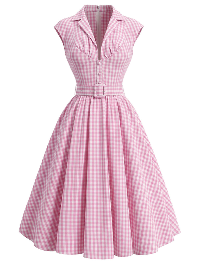 [Pre-Sale] Peach Pink 1940s Plaid V Neck Dress 2