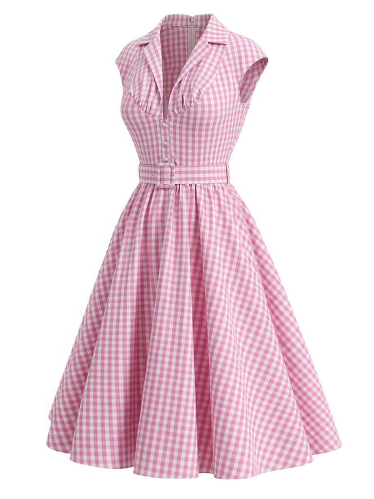 [Pre-Sale] Peach Pink 1940s Plaid V Neck Dress 3