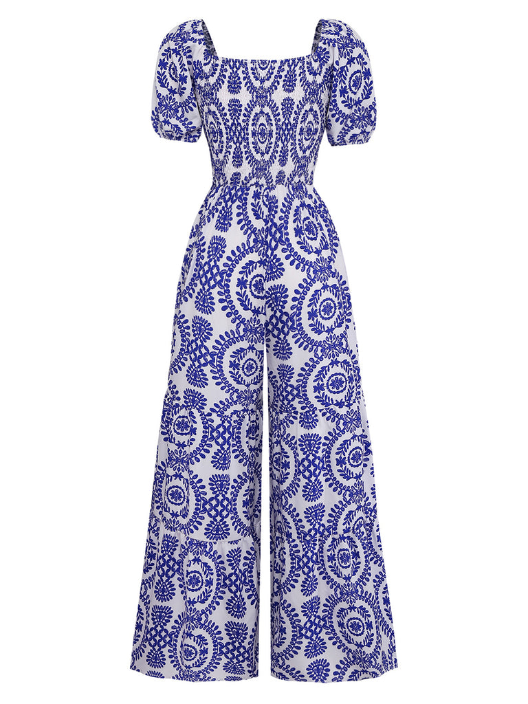 Blue 1950s Floral Vintage Classic Jumpsuit