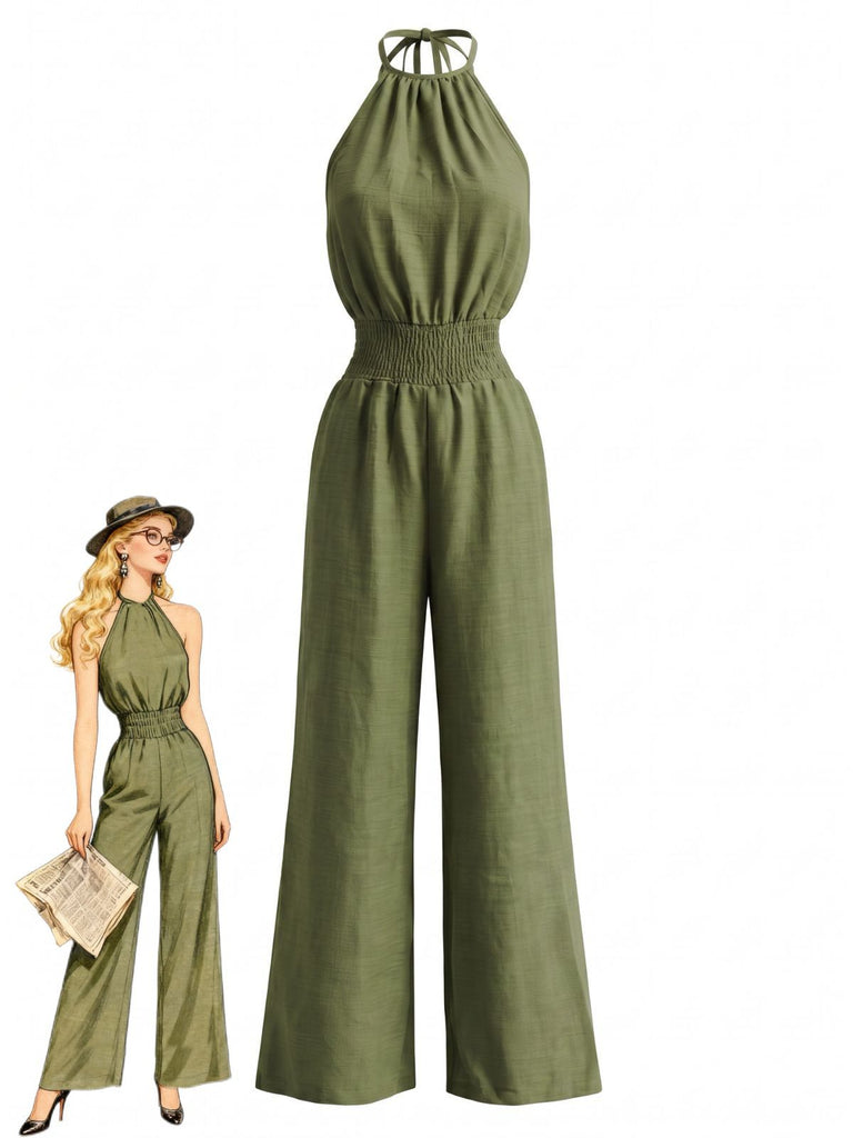 1970s Halter Smocked Waist Wide Leg Jumpsuit