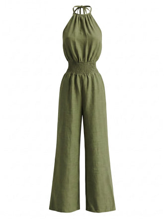 1970s Halter Smocked Waist Wide Leg Jumpsuit
