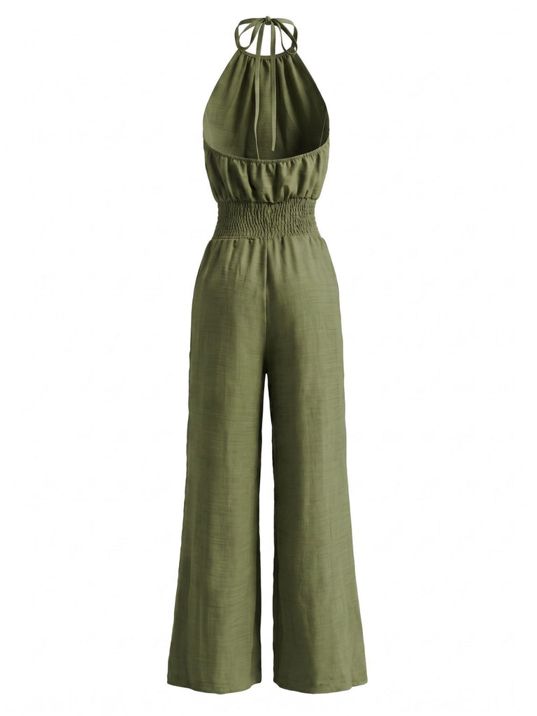 1970s Halter Smocked Waist Wide Leg Jumpsuit