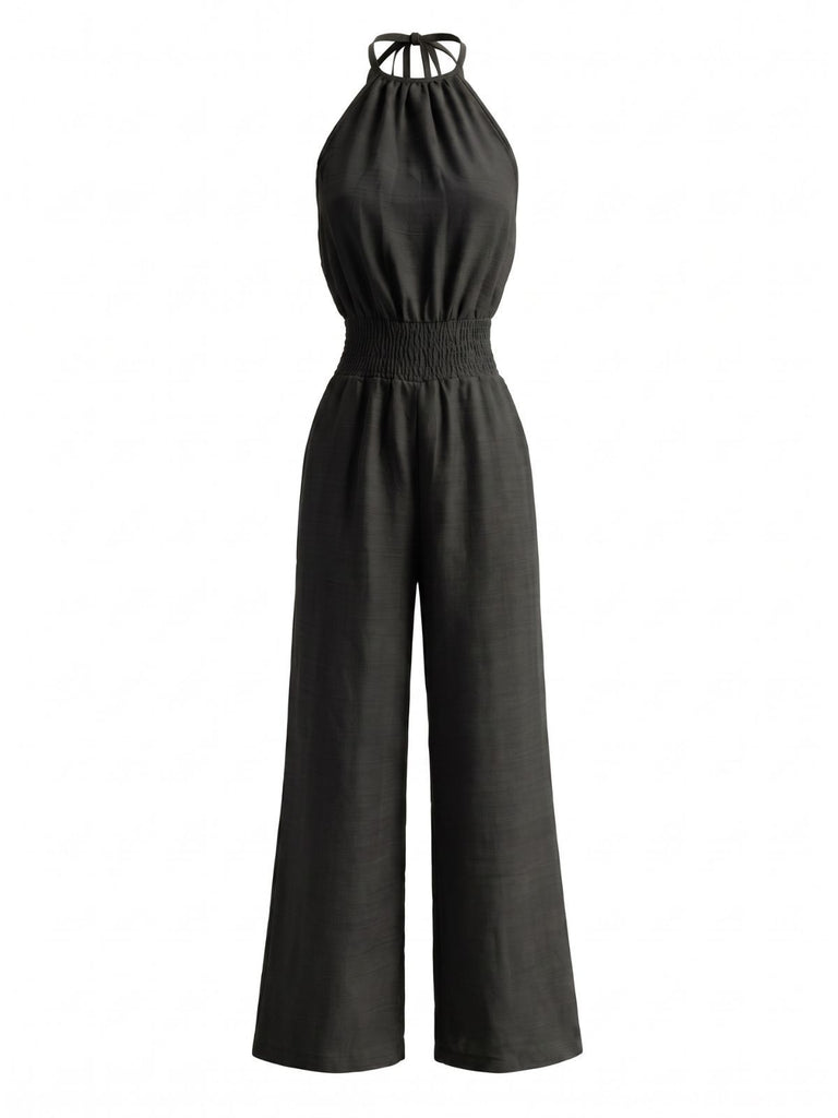 1970s Halter Smocked Waist Wide Leg Jumpsuit