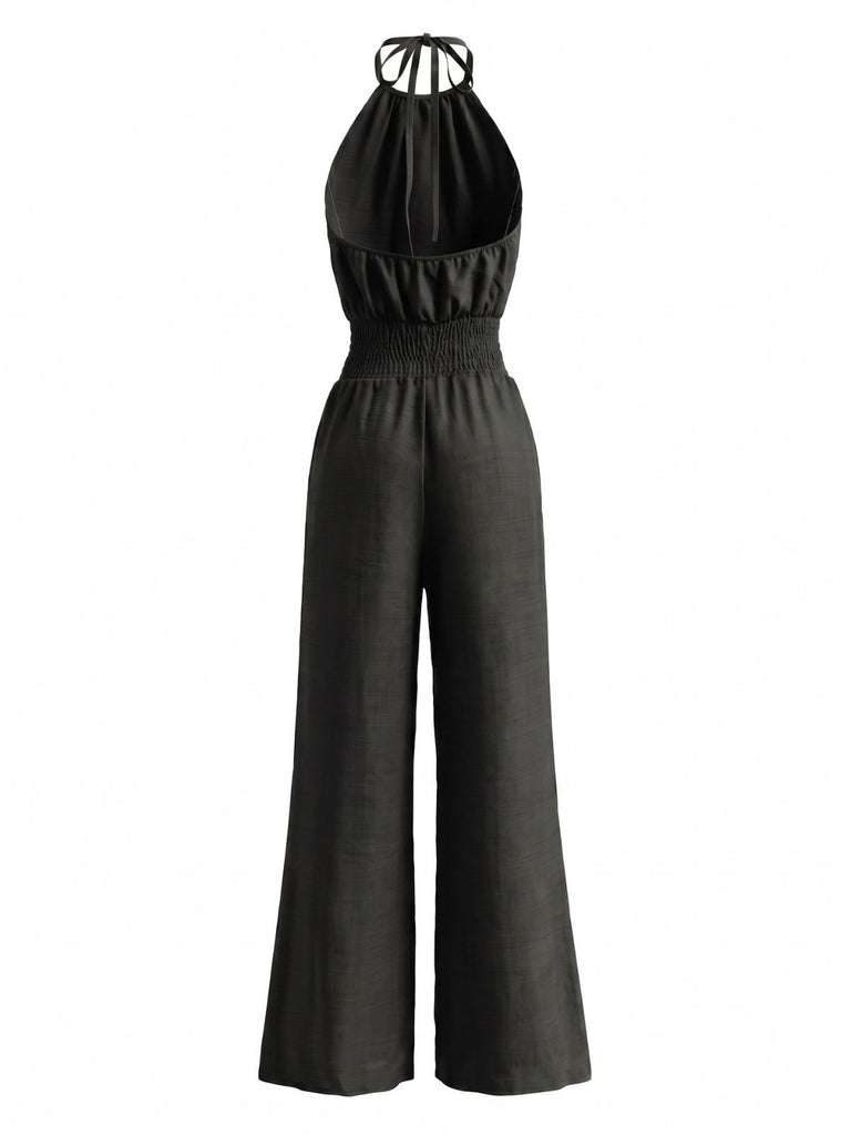 1970s Halter Smocked Waist Wide Leg Jumpsuit