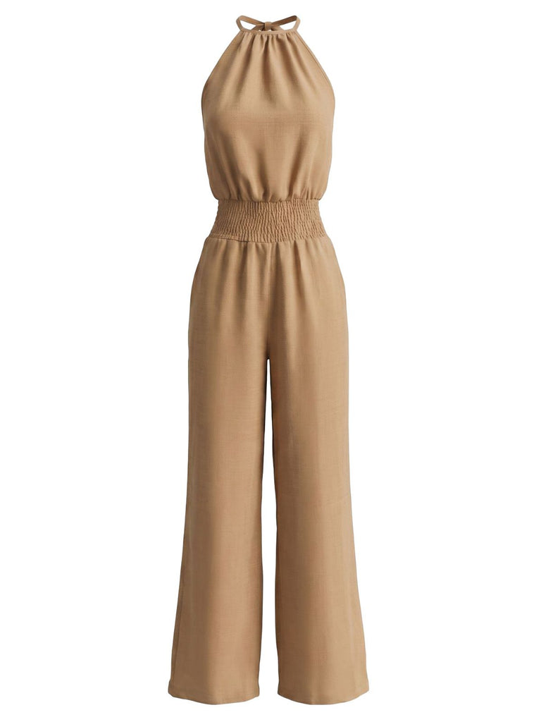 1970s Halter Smocked Waist Wide Leg Jumpsuit