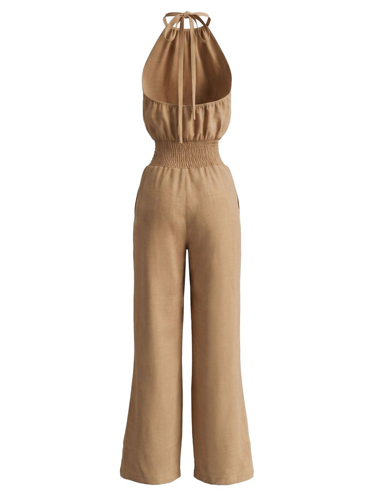 1970s Halter Smocked Waist Wide Leg Jumpsuit
