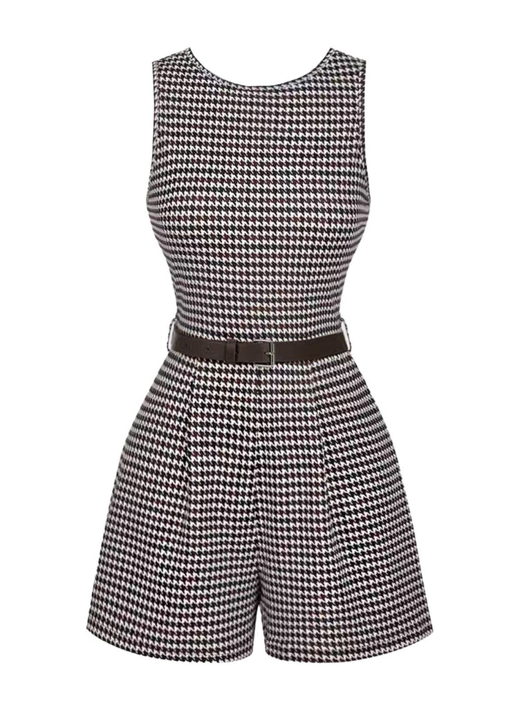 1950s Houndstooth Belted Sleeveless Romper