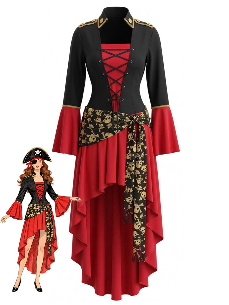 Red Black 1940s Square Neck Belted Dress