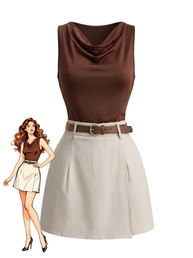 2PCS 1960s Brown Cowl Neck Top & Wrap Short Set