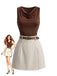2PCS 1960s Brown Cowl Neck Top & Wrap Short Set