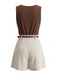 2PCS 1960s Brown Cowl Neck Top & Wrap Short Set