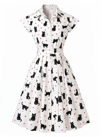 1950s Cat Polka Dot Belted Shirt Dress