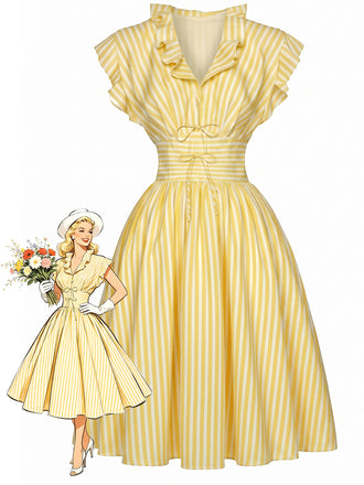 [Pre-Sale] Light Yellow 1950s Stripe Ruffle Collar Tie Waist Dress, vintage dress, retro fashion, rockabilly, pin-up fashion - perfect for women who love vintage and retro fashion