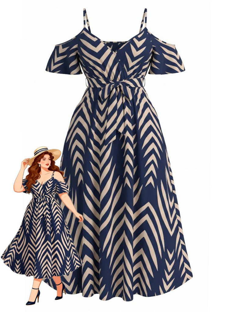 [Plus Size] Navy 1950s Chevron Striped Tie Waist Cold Shoulder Midi Dress, vintage dress, retro fashion, rockabilly, pin-up fashion - perfect for women who love vintage and retro fashion