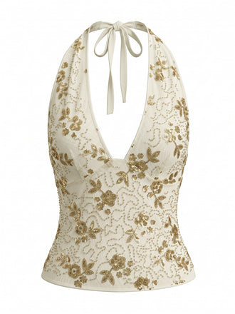Beige 1960s Halter V Neck Sequin Top