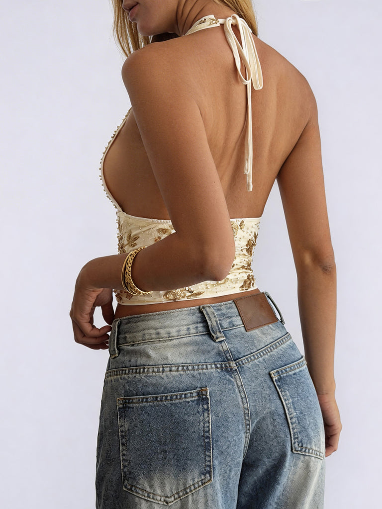 Beige 1960s Halter V Neck Sequin Top 4