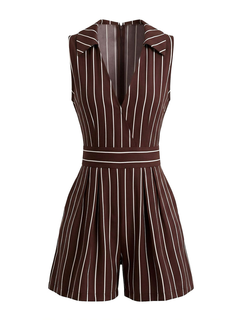 Brown 1950s Lapel Striped Tie-Back Sleeveless Romper, vintage romper, retro jumpsuit - perfect for women who love vintage and retro fashion