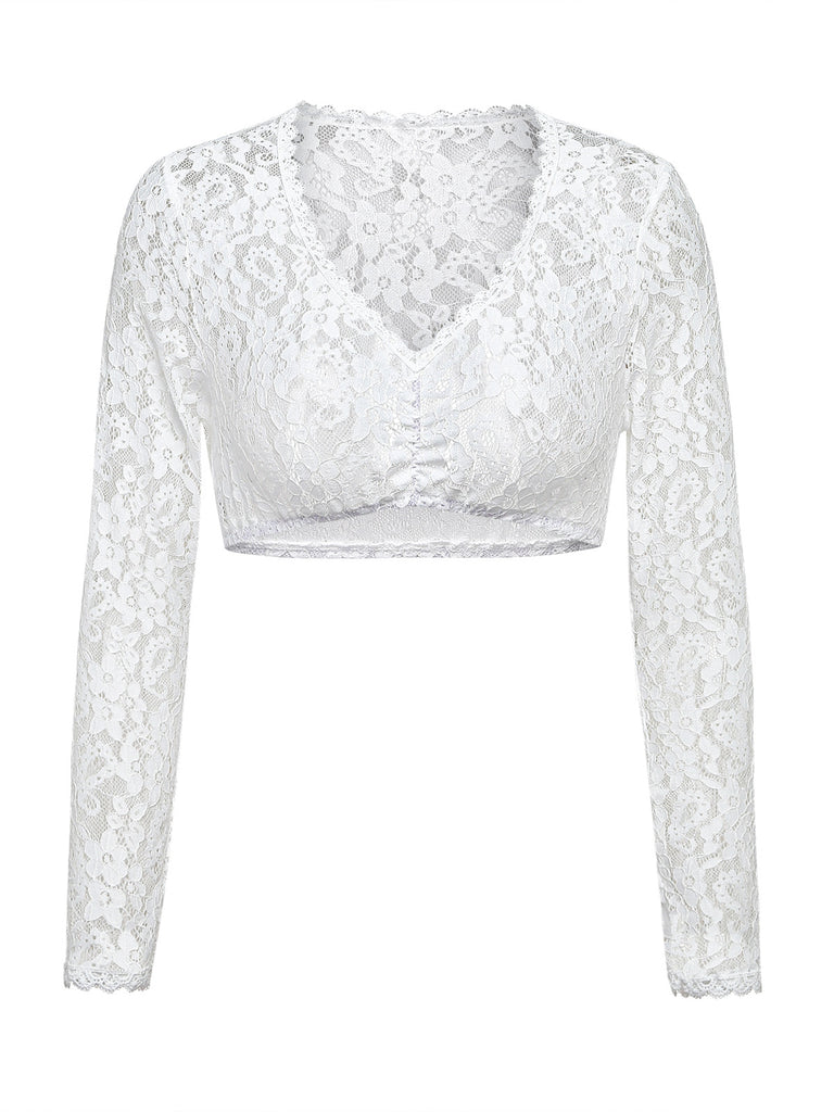 White 1950s Floral Lace Long Sleeves Cropped Top, vintage top, retro blouse, rockabilly, pin-up fashion - vintage inspired fashion