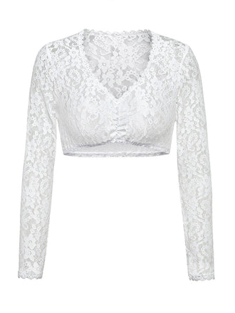 White 1950s Floral Lace Long Sleeves Cropped Top, vintage top, retro blouse, rockabilly, pin-up fashion - vintage inspired fashion