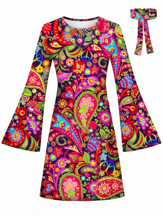 Multicolor 1960s Hippie Psychedelic Paisley Bell Sleeves Mini Dress