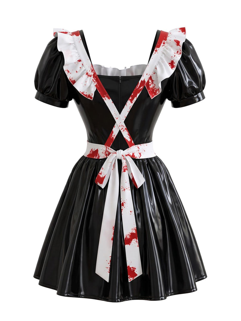 Black 1950s Halloween Patent Bloody Maid Dress