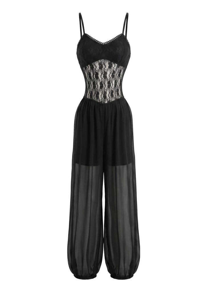1980s Lace Sheer Mesh Cami Jumpsuit, vintage jumpsuit, retro fashion - vintage inspired fashion
