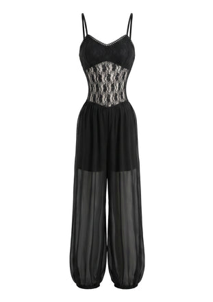 1980s Lace Sheer Mesh Cami Jumpsuit, vintage jumpsuit, retro fashion - vintage inspired fashion