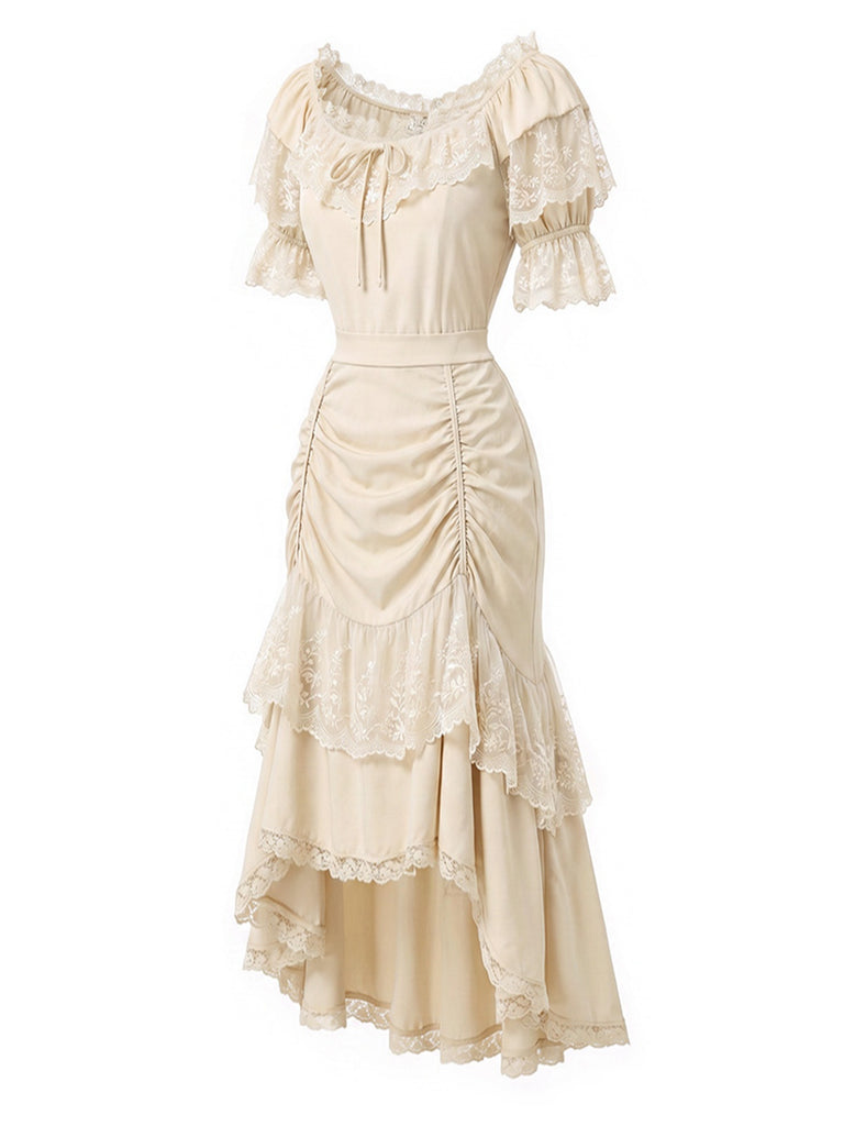 [Pre-Sale] 2PCS Beige 1970s Off‑Shoulder Lace Ruffle Top & Asymmetric Skirt