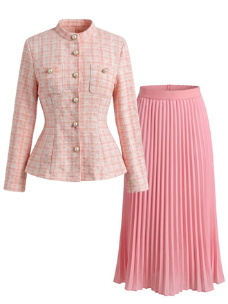 2PCS 1960s Stand Collar Pearl Button Tweed Jacket & Pleated Skirt