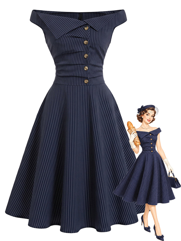 [Pre-Sale] 1950s Striped Off Shoulder Midi Dress 1