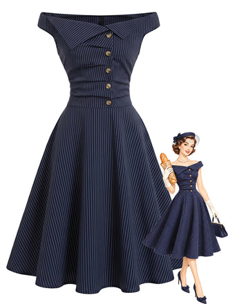 [Pre-Sale] 1950s Striped Off Shoulder Midi Dress 1