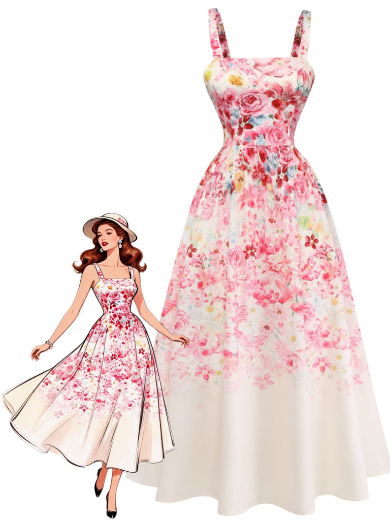Pink 1940s Floral V Neck Dress