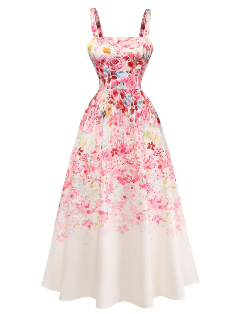 Pink 1940s Floral V Neck Dress 2