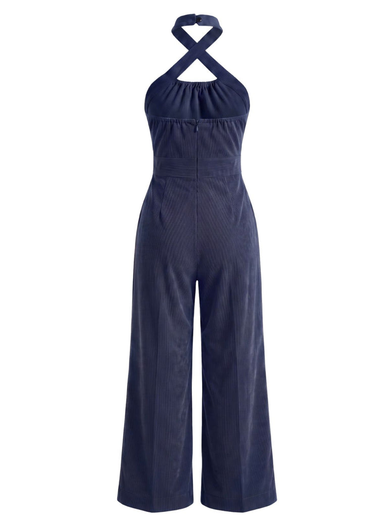 1950s Corduroy Cross Halter Neck Wide Leg Jumpsuit