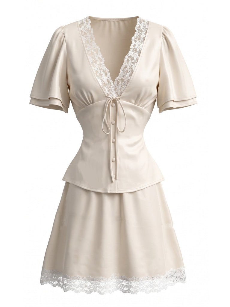 1970s Lace V Neck Patchwork Two Piece Set 4